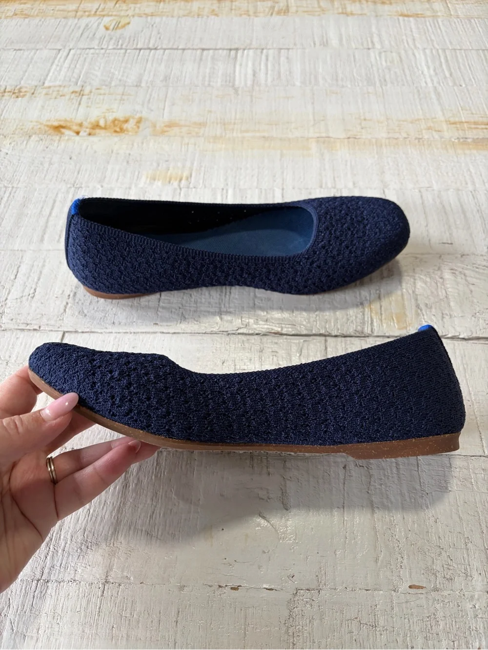 Rothy’s the Max Square in Deep Navy Crochet size 8.5 Knit Flats In Love Insoles - Picture 9 of 14